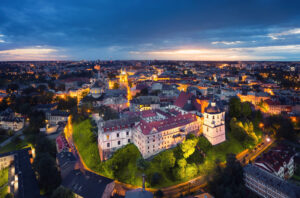 Lublin, Poland. Aerial view of Old Town at dusk